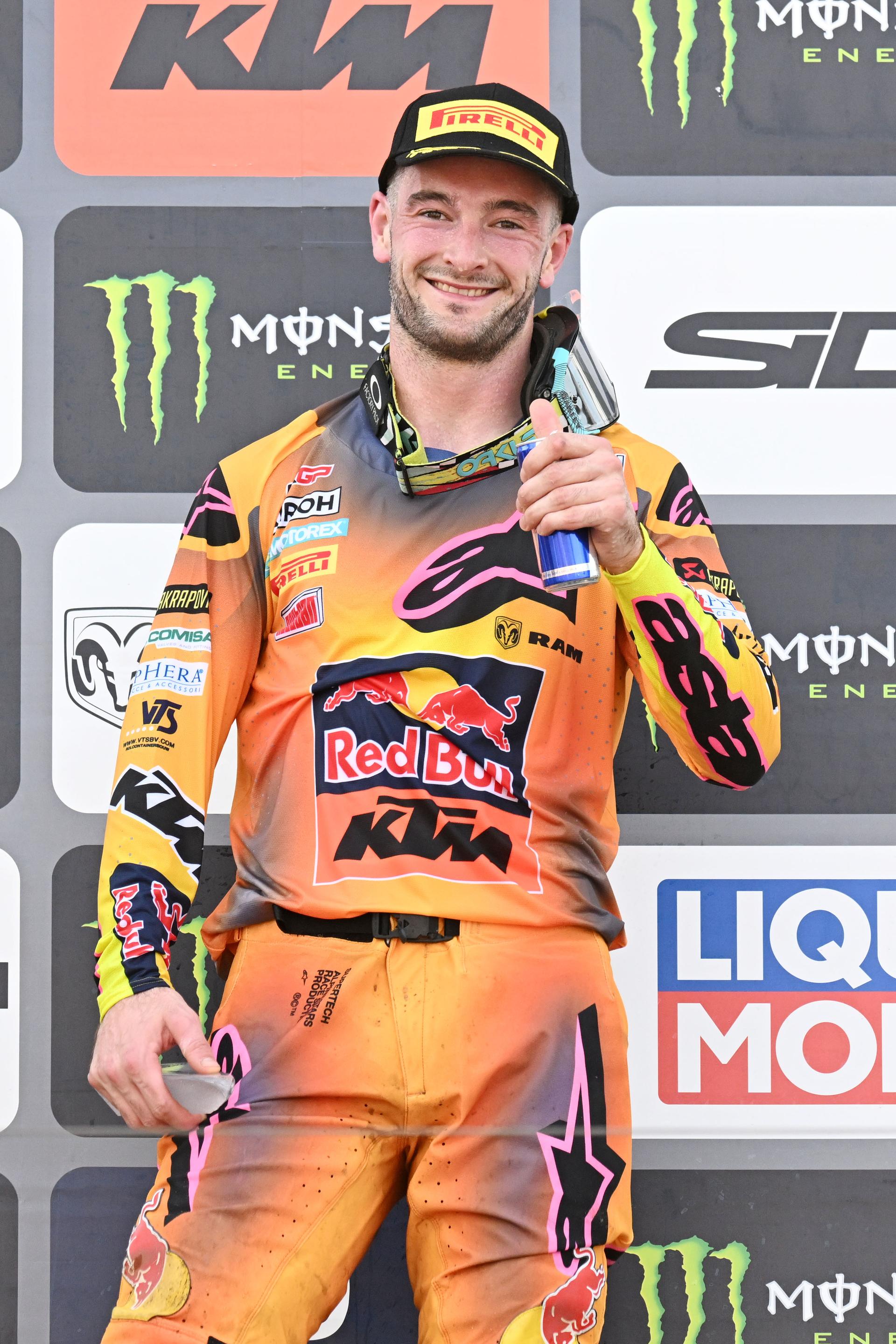 Dutch Jeffrey Herlings celebrates on the podium after winning the motocross MXGP Grand Prix Flanders, race 14/20 of the FIM Motocross World Championship, Sunday 28 July 2024 in Lommel. BELGA PHOTO MAARTEN STRAETEMANS