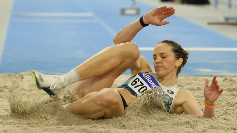 Belgian Ilona Masson pictured in action during the women's triple jump competition, at the Belgian indoor athletics championships, on Sunday 01 March 2026 in Louvain-la-Neuve. BELGA PHOTO BENOIT DOPPAGNE