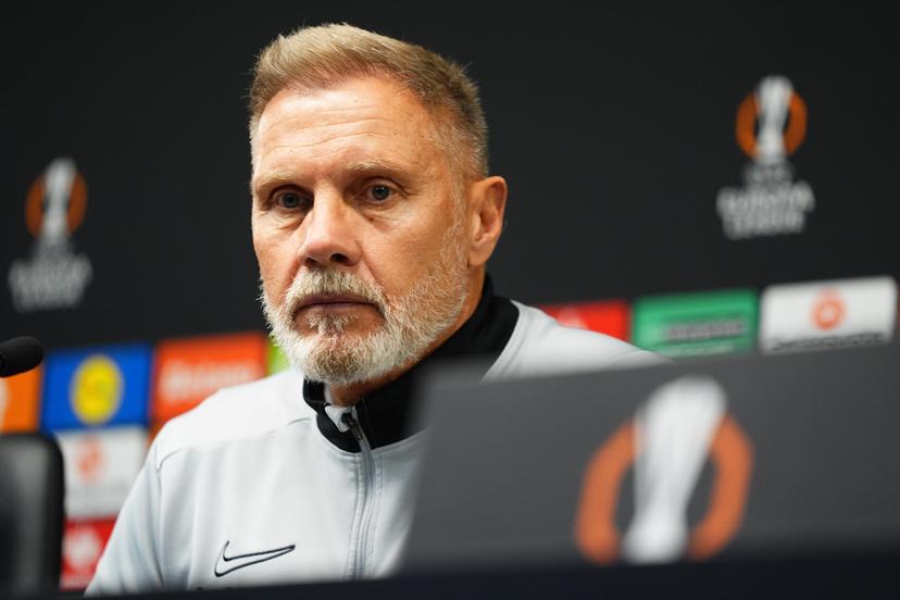 Genk's head coach Thorsten Fink pictured during a press conference of Belgian soccer team KRC Genk, on Wednesday 05 November 2025, in Braga, Portugal. The team prepares for tomorrow's match against Portugal's SC Braga, fourth game (out of 8) in the league phase of the UEFA Europa League competition. BELGA PHOTO JOMA GARCIA I GISBERT