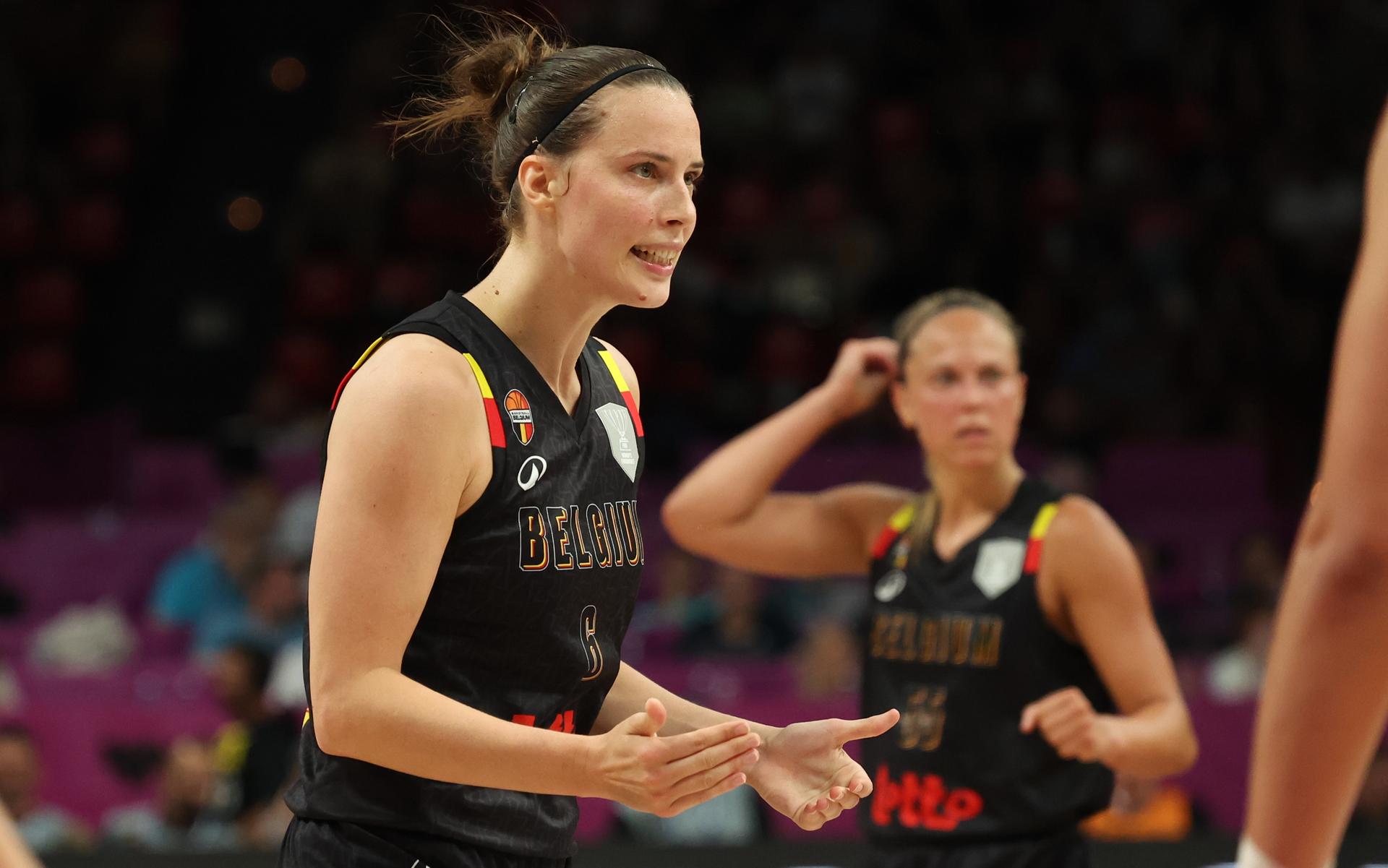 Belgium's Antonia Delaere gestures during a basketball match between Spain and Belgian national team 'the Belgian Cats' on Sunday 29 June 2025 in Piraeus, Greece, the final of the FIBA Women's EuroBasket 2025. BELGA PHOTO VIRGINIE LEFOUR