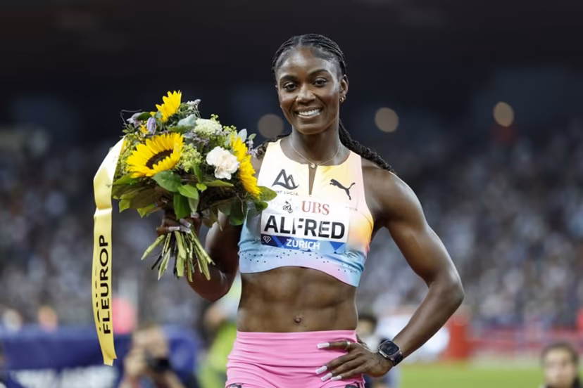 Saint Lucia's Julien Alfred celebrates after winning the women's 100m during the IAAF Diamond League athletics meeting, at the Letzigrund Stadium, in Zurich on August 27, 2026. Stefan Wermuth / AFP
