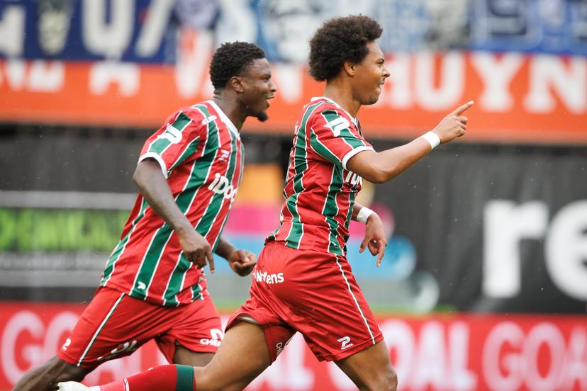 Essevee's Marley Ake celebrates after scoring during a soccer match between Zulte Waregem and KRC Genk, Sunday 9 August 2026 in Waregem, on day 1 of the 2026-2027 'Jupiler Pro League' first division of the Belgian championship. BELGA PHOTO KURT DESPLENTER