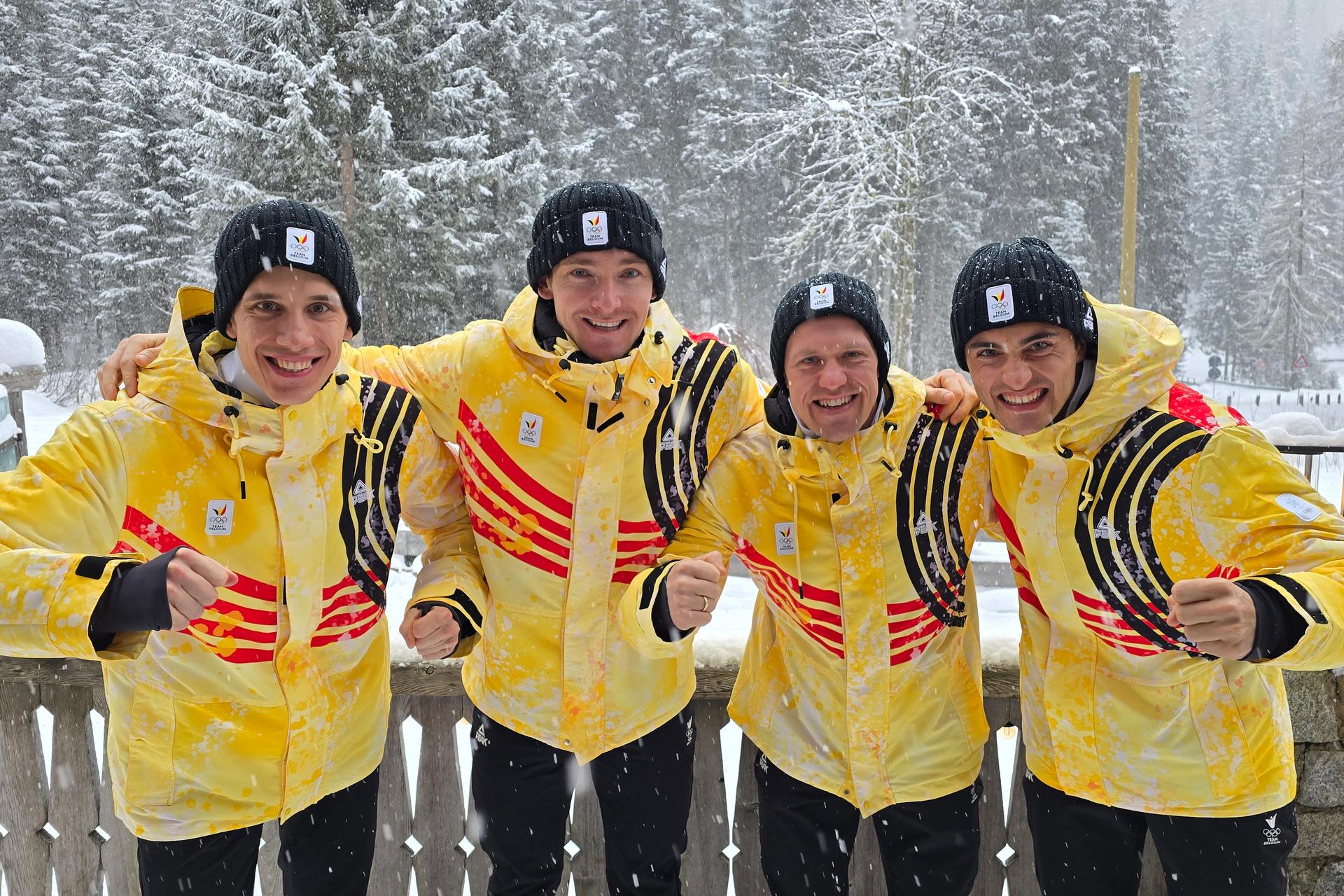 ATTENTION EDITORS - HANDOUT PICTURES - EDITORIAL USE ONLY - MANDATORY CREDIT BOIC-COIB - Handout pictures released on Monday 16 February 2026, by the Belgian International and Olympic Committee shows the Belgian Lynxes men's biathlon relay team Marek Mackels, Florent Claude, Thierry Langer and Sam Parmantier in Anterselva, at the Milano Cortina 2026 Olympic Winter Games. *** Belga and Belga Editorial Board decline all responsibility regarding the content of this picture. *** PHOTO HAND OUT BOIC-COIB/ BENJAMIN WERY