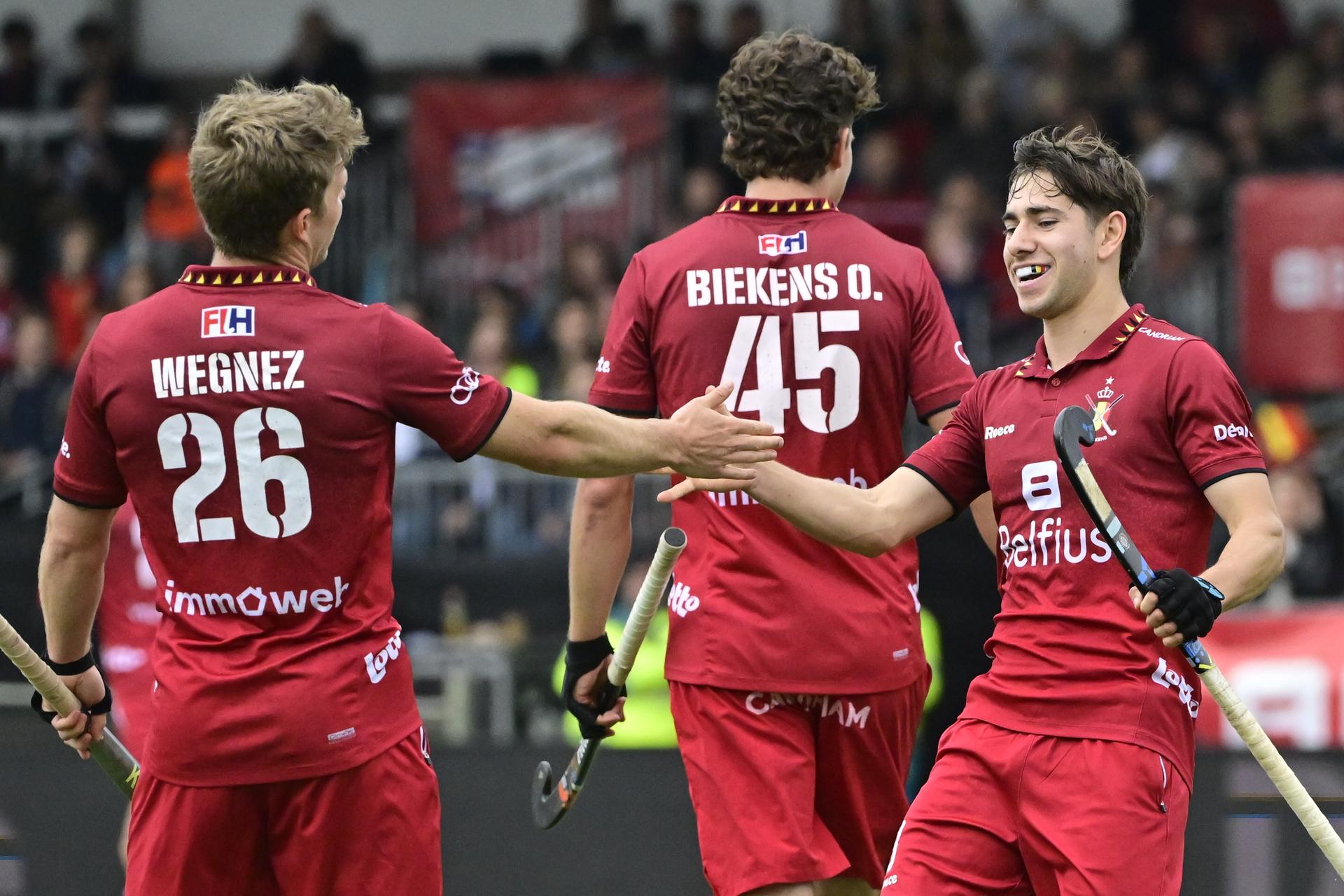 Belgium's Victor Wegnez and Belgium's Thibeau Stockbroekx celebrate during a hockey game between Belgian national team Red Lions and Spain, match 11/16 in the group stage of the 2024 Men's FIH Pro League, Saturday 01 June 2024, in Antwerp. BELGA PHOTO DIRK WAEM
