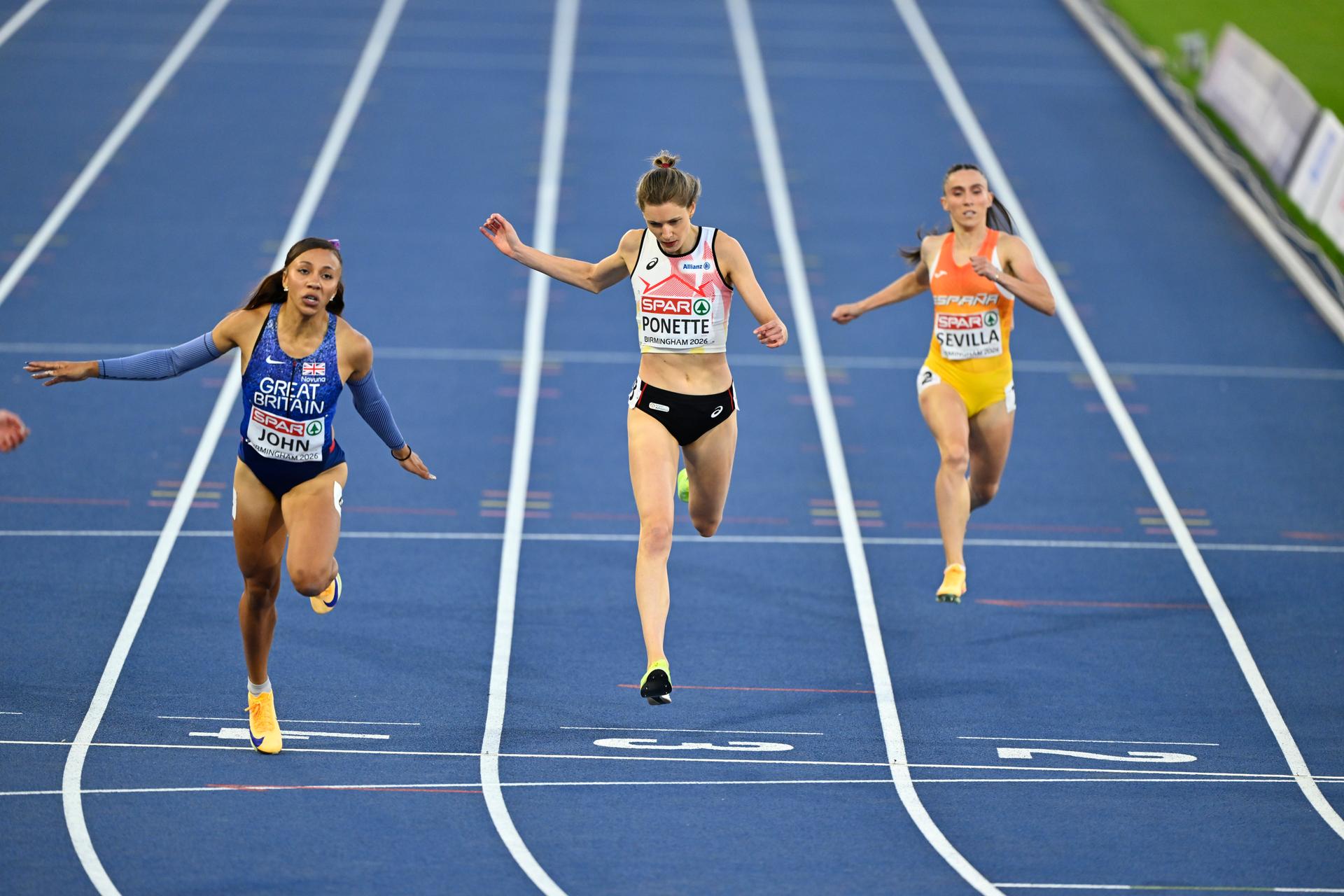 Belgian Helena Ponette pictured during the Women's 400m final on the sixth day of the European Athletics Championships (August 10-18) in Birmingham, United Kingdom, on Saturday 15 August 2026. BELGA PHOTO ERIC LALMAND