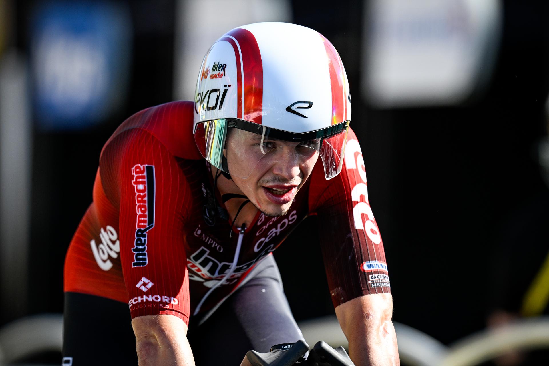 Belgian Arnaud De Lie of Lotto Intermarche crosses the finish line of the first stage of the 2026 Tour de France cycling race, a team time trial of 19km with start and finish in Barcelona, Spain, Saturday 04 July 2026. The 113th edition of the Tour de France starts on Saturday 4 July in Barcelona, Spain, and will finish in Paris, France on the 26th of July. BELGA PHOTO JASPER JACOBS