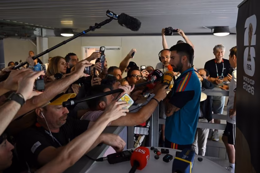 Spain's midfielder #15 Alex Baena gives an MD-1 press conference at the Dallas Stadium in Arlington on July 13, 2026, on the eve of the 2026 World Cup football tournament semi-final match between France and Spain. MAURO PIMENTEL / AFP