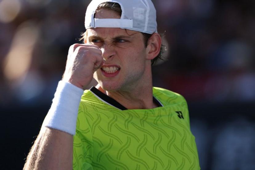 Belgium's Zizou Bergs reacts after a point against Poland's Hubert Hurkacz during their men's singles match on day three of the Australian Open tennis tournament in Melbourne on January 20, 2026. IZHAR KHAN / AFP