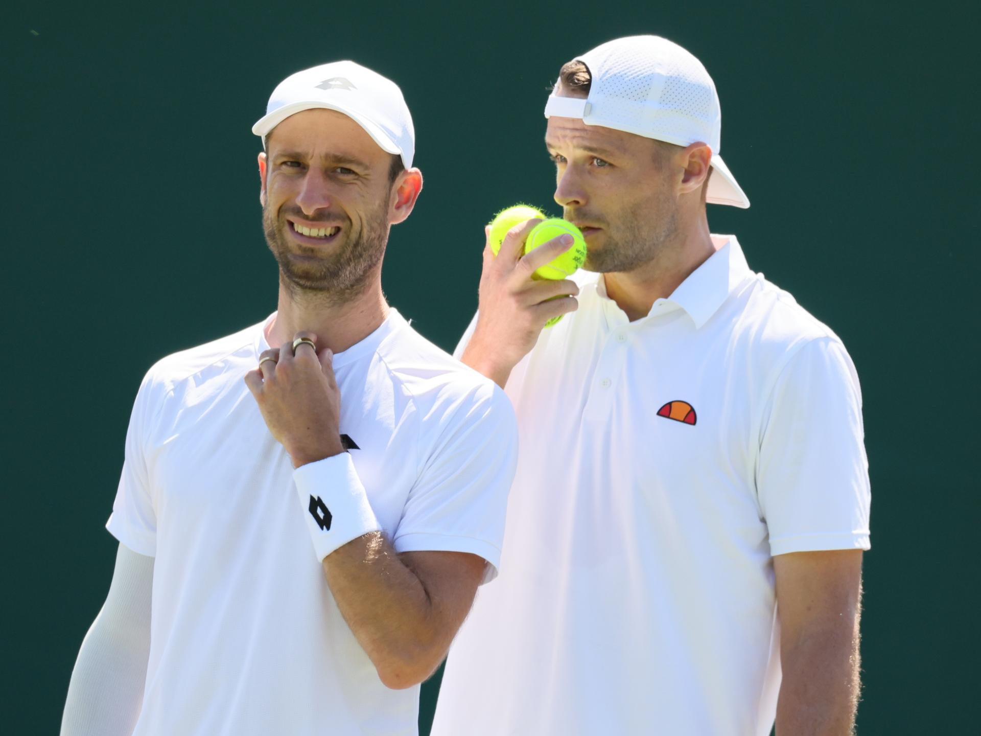 Belgian Sander Gille and Dutch Sem Verbeek pictured at a first round game between Indian-Brazilian pair Balaji-Demoliner and Belgian-Dutch pair Gille-Verbeek in the Men's doubles at the Wimbledon grand slam tennis tournament in London, Britain, Thursday 02 July 2026. BELGA PHOTO BENOIT DOPPAGNE