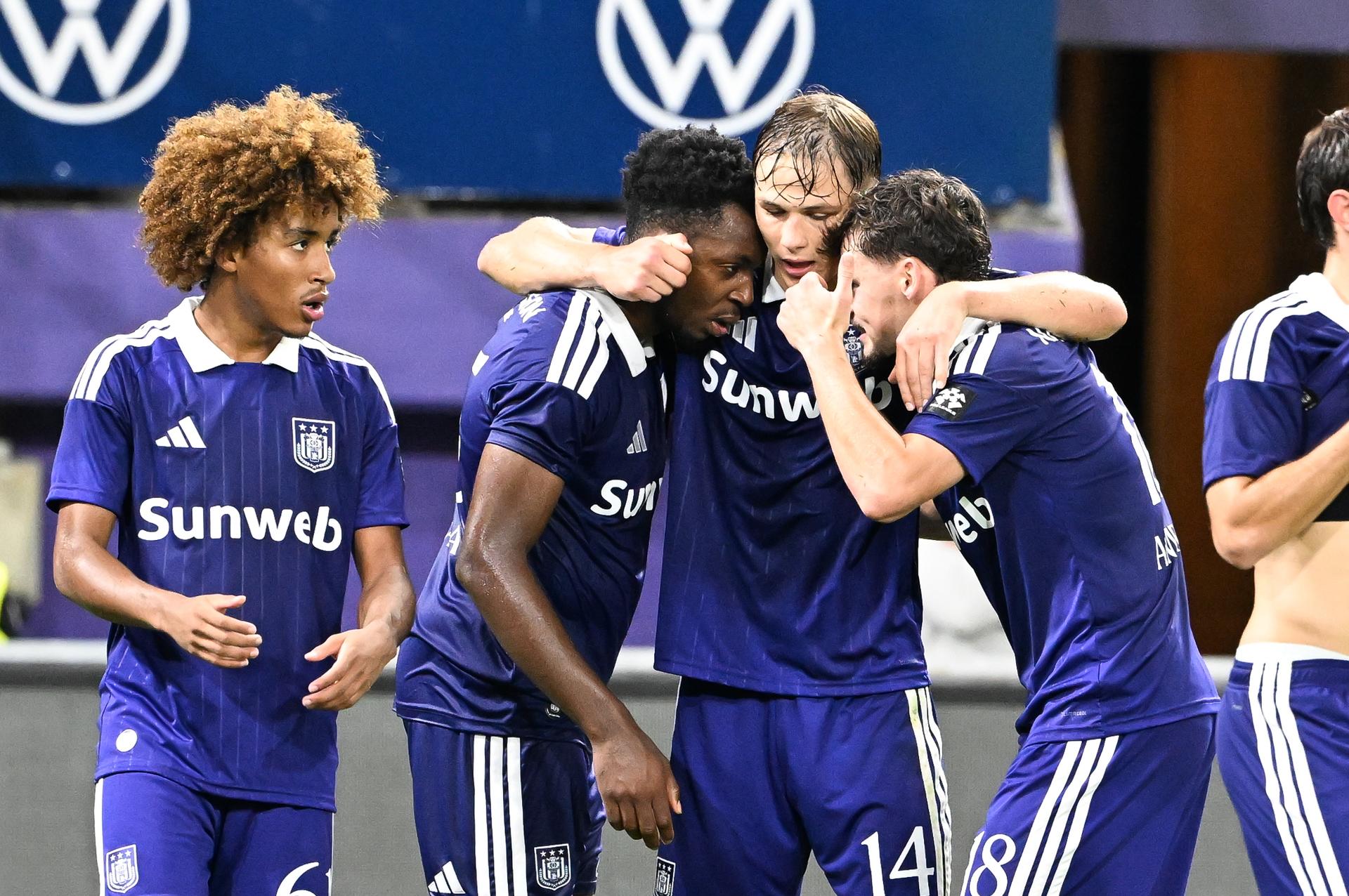 Anderlecht's Danylo Sikan celebrates after scoring during a soccer match between RSC Anderlecht and KV Kortrijk, Thursday 3 September 2026 in Brussels, on day 3 of the 2026-2027 'Jupiler Pro League' first division of the Belgian championship. The match was postponed so Anderlecht could prepare for European play-offs. BELGA PHOTO JILL DELSAUX