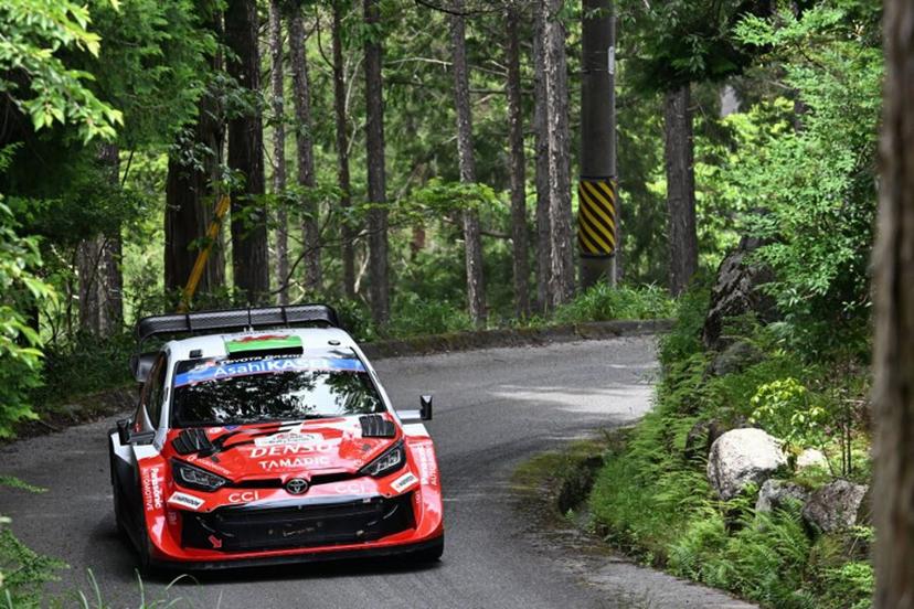 Elfyn Evans of Britain and his co-driver Scott Martin of Britain drive their Toyota GR Yaris Rally1 during the SS19 Nukata section of the Rally Japan, the 7th round of FIA World Rally Championships, in Shinshiro city, Aichi prefecture on May 31, 2026. Toshifumi KITAMURA / AFP