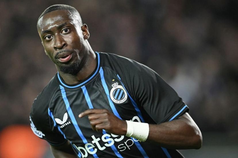 Club Brugge's Portuguese forward #09 Carlos Forbs celebrates scoring his team's second goal during the UEFA Champions League league phase day 4 football match between Club Brugge and FC Barcelona at Jan Breydelstadion stadium, in Bruges, on November 5, 2025. NICOLAS TUCAT / AFP
