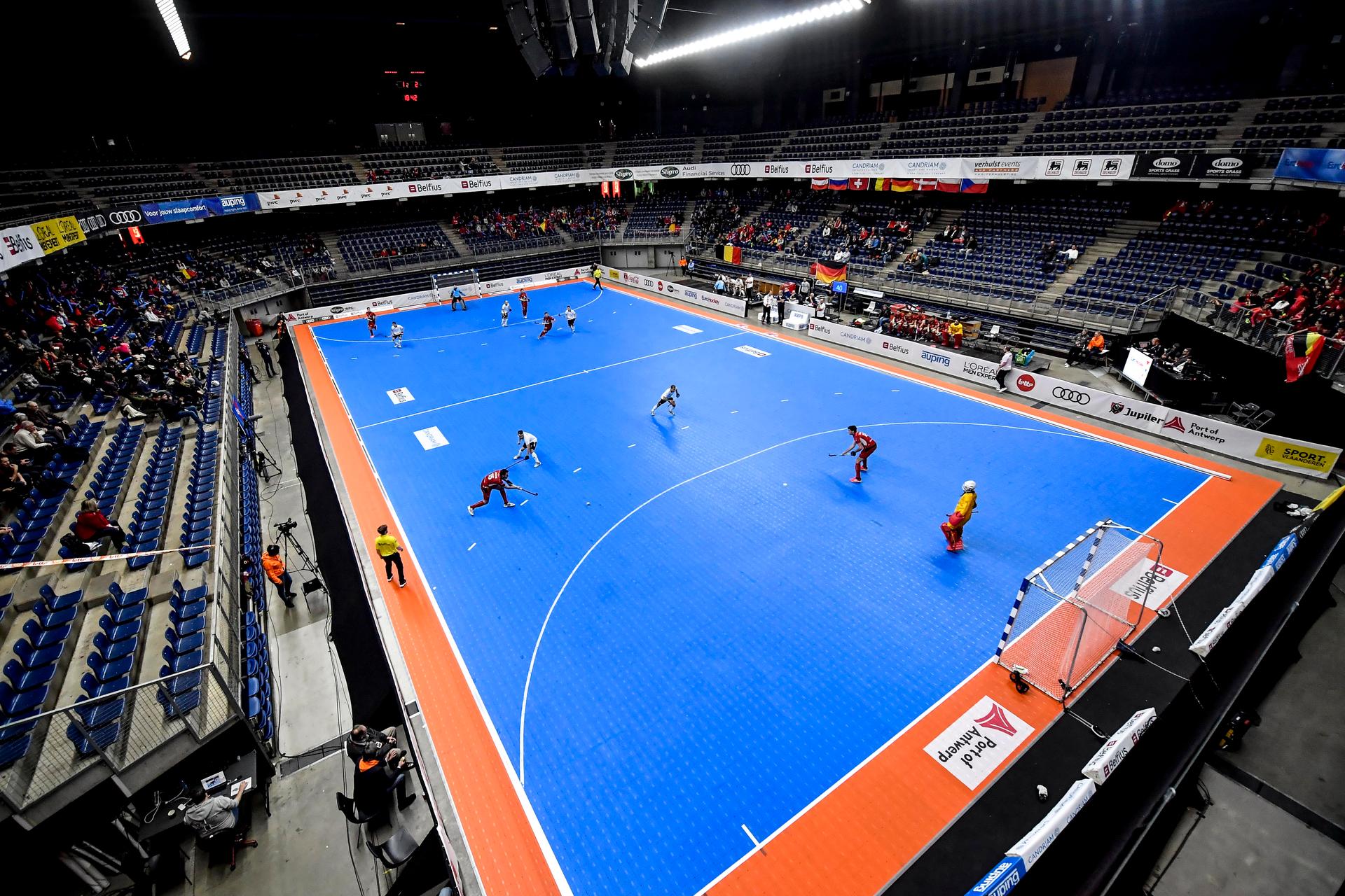 Belgian players pictured during the match between Russia and Belgium, in pool B at the EuroHockey Indoor Championship, in Antwerp, Friday 12 January 2018. BELGA PHOTO DIRK WAEM