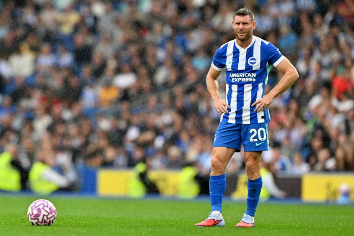 Brighton's English midfielder #06 James Milner prepares to take a free kick during the English Premier League football match between Brighton and Hove Albion and Tottenham Hotspur at the American Express Community Stadium in Brighton, southern England on September 20, 2025. Glyn KIRK / AFP