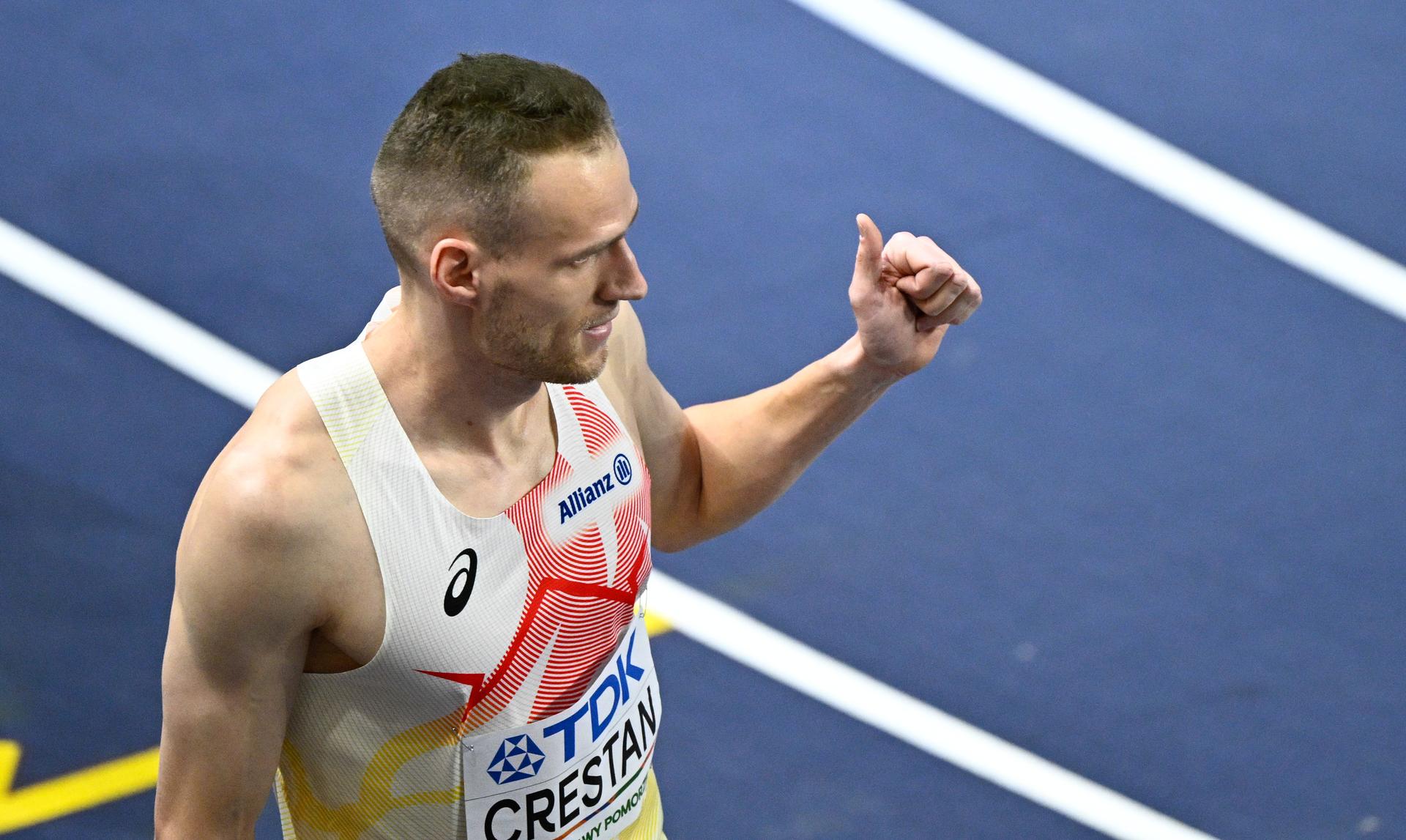 Belgian Eliott Crestan celebrates after the semi-final race of men's 800m, at and the second day of the World Athletics Indoor Championship in Torun, Poland on Saturday 21 March 2026. The championships take place from 20 to 22 March. BELGA PHOTO JASPER JACOBS