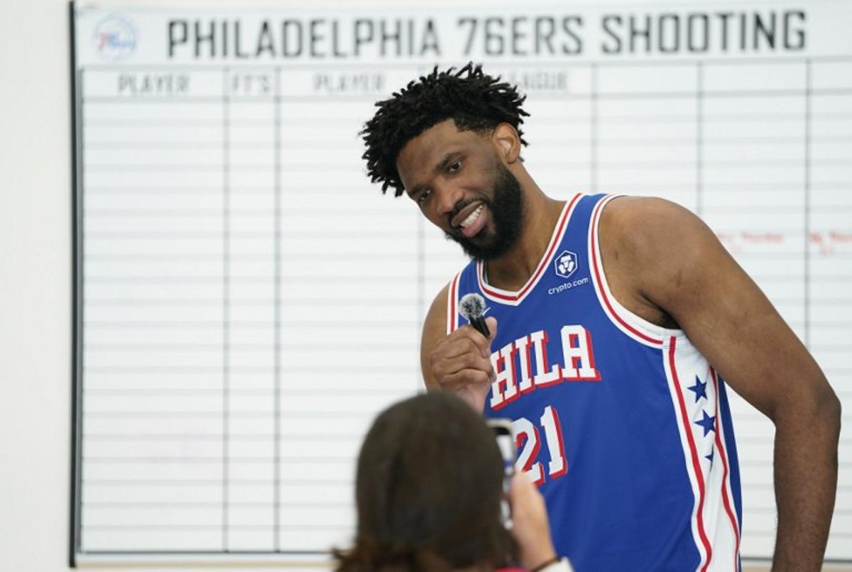 Philadelphia 76ers center Joel Embiid attends the 76ers media day ahead of the NBA season at the 76ers Training Complex in Camden, New Jersey, September 30, 2024. TIMOTHY A. CLARY / AFP