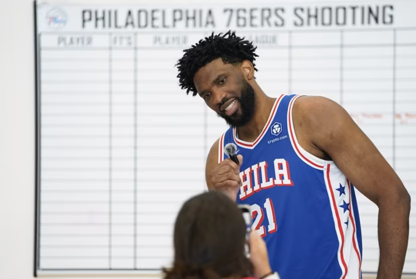 Philadelphia 76ers center Joel Embiid attends the 76ers media day ahead of the NBA season at the 76ers Training Complex in Camden, New Jersey, September 30, 2024. TIMOTHY A. CLARY / AFP