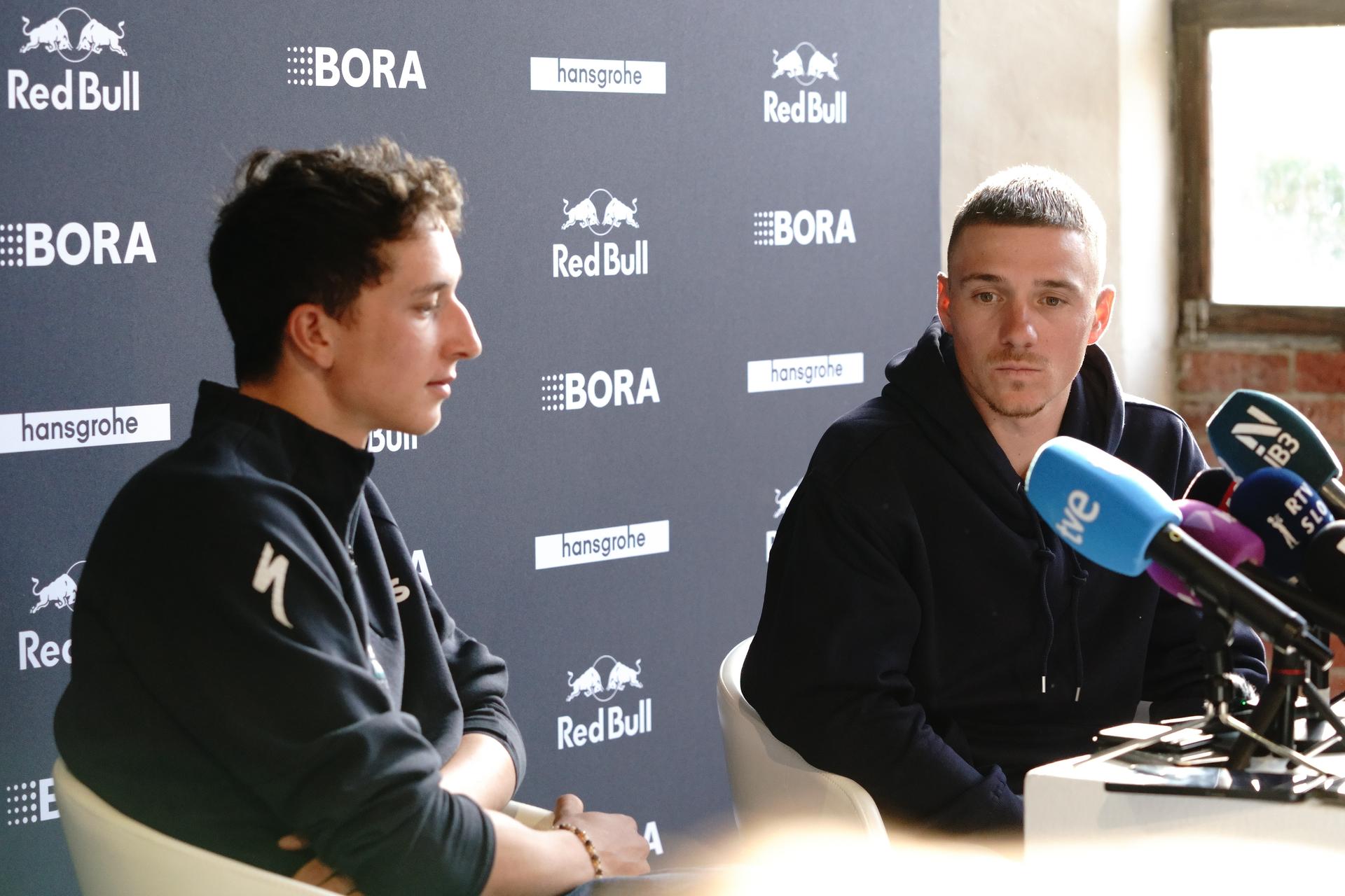 German Florian Lipowitz and Belgian Remco Evenepoel pictured during the media day of the Red Bull-BORA-hansgrohe cycling team in Binissalem, Mallorca, Spain, Wednesday 10 December 2025. BELGA PHOTO JOMA GARCIA I GISBERT