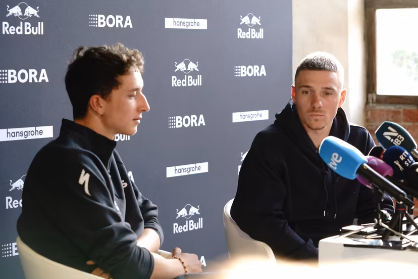 German Florian Lipowitz and Belgian Remco Evenepoel pictured during the media day of the Red Bull-BORA-hansgrohe cycling team in Binissalem, Mallorca, Spain, Wednesday 10 December 2025. BELGA PHOTO JOMA GARCIA I GISBERT