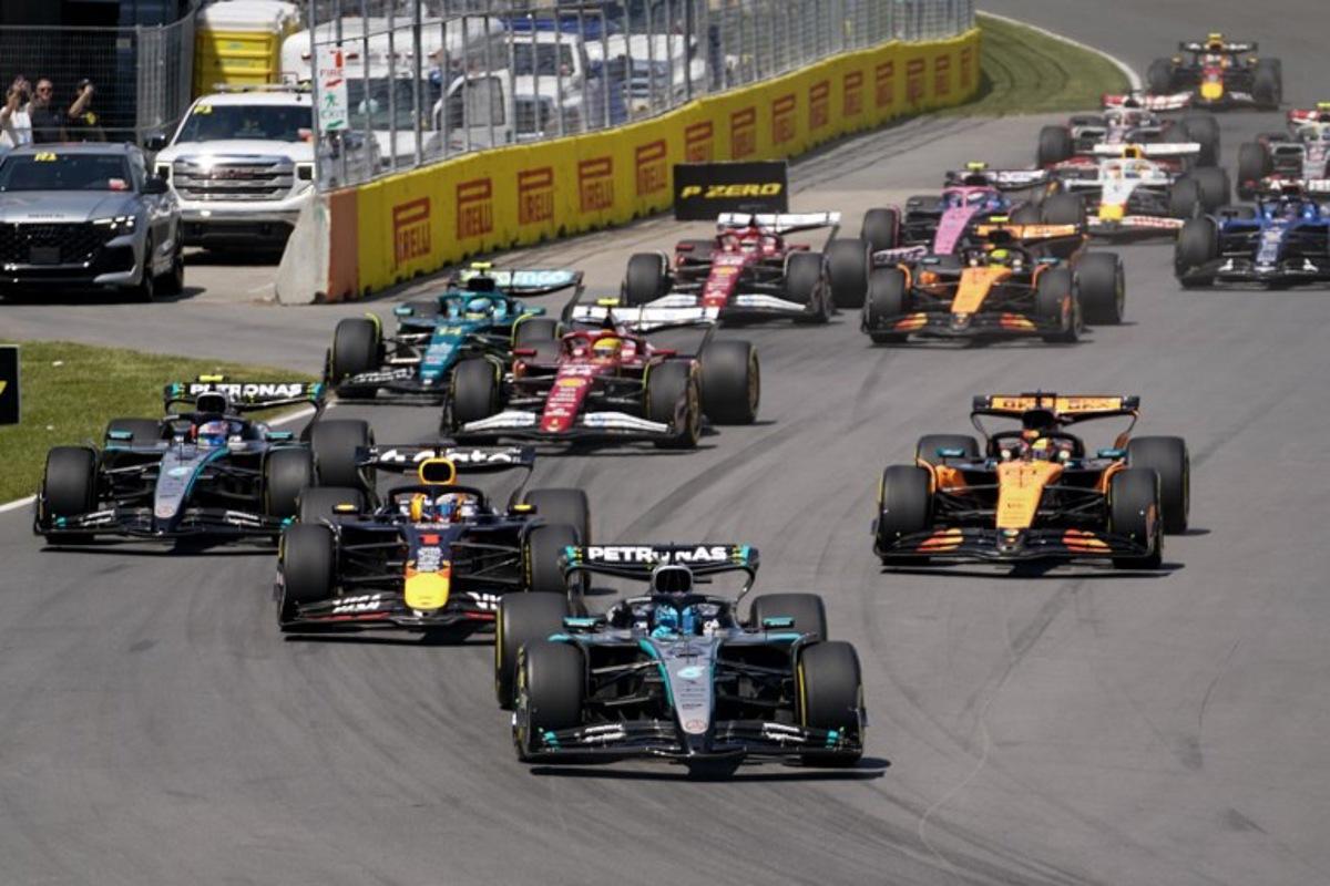 Mercedes' British driver George Russell leads the pack during the 2025 Formula 1 Grand Prix du Canada at Circuit Gilles-Villeneuve in Montreal, Canada, on June 15, 2025. Geoff Robins / AFP