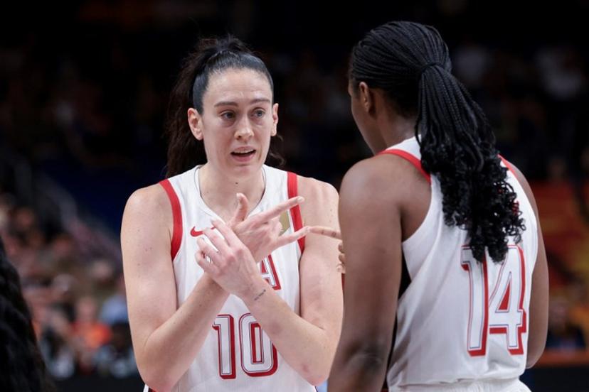 USA's power forward #10 Breanna Stewart (L) speaks with USA's forward #14 Aliyah Boston during the 2026 FIBA Women's Basketball World Cup quarter-final match between USA and Hungary at the Berlin Arena in Berlin on September 10, 2026. Ronny HARTMANN / AFP