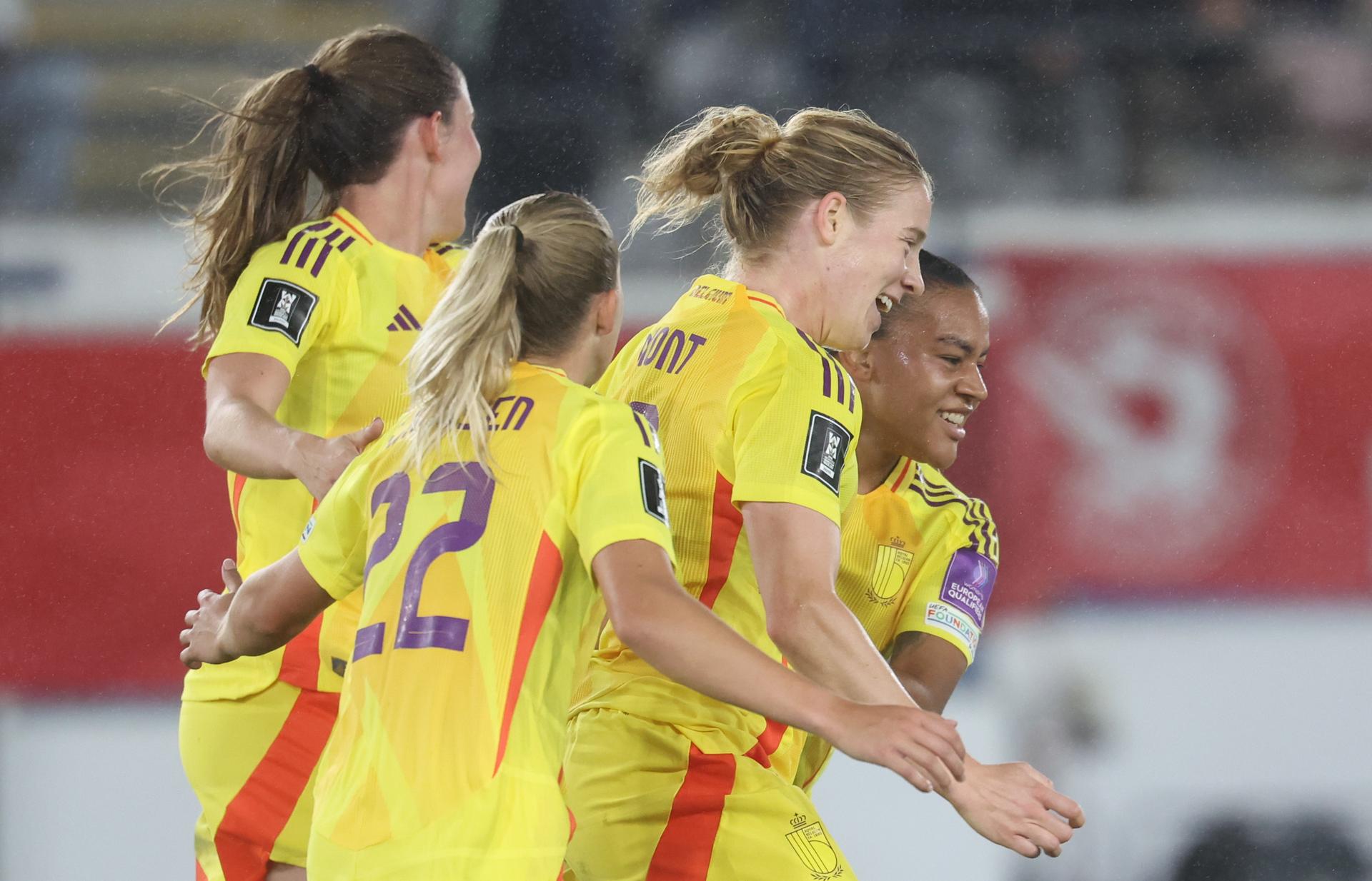 Belgium's Elena Dhont celebrates after scoring during a soccer game between Belgium's national women's team the Red Flames and Poland, on Friday 9 October 2026 in Leuven, the first leg of the play-off for the 2027 FIFA Women's World Cup. BELGA PHOTO VIRGINIE LEFOUR