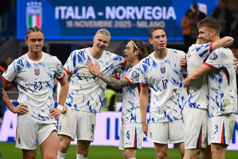 from left : Norway's midfielder #23 Thelo Aasgaard, Norway's captain #09 Erling Braut Haaland, Norway's midfielder #06 Patrick Berg and Norway's defender #17 Torbjorn Lysaker Heggem celebrate their victory at the end of the FIFA World Cup 2026 European qualification football match between Italy and Norway, at the San Siro Stadium, in Milan, on November 16, 2025. Alberto PIZZOLI / AFP