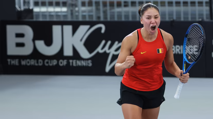 Belgian Sofia Costoulas reacts during the third game, a double game between Belgian pair Costoulas-Kempen and Turkish pair Aksu-Oz, in the Billie Jean King Cup Play-offs, between Belgium and Turkey, on Saturday 15 November 2025 in Ismaning, Germany. PHOTO BENOIT DOPPAGNE