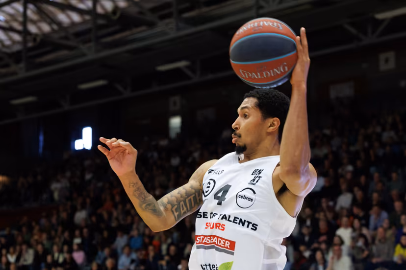Kortrijk's Noel Coleman pictured in action during a basketball match between House of Talents Spurs Kortrijk and Hubo Limburg United, Friday 15 May 2026 in Kortrijk, on the first game (best of three) of the first round of the Playoffs of the 'BNXT League' first division basket championship. BELGA PHOTO KURT DESPLENTER