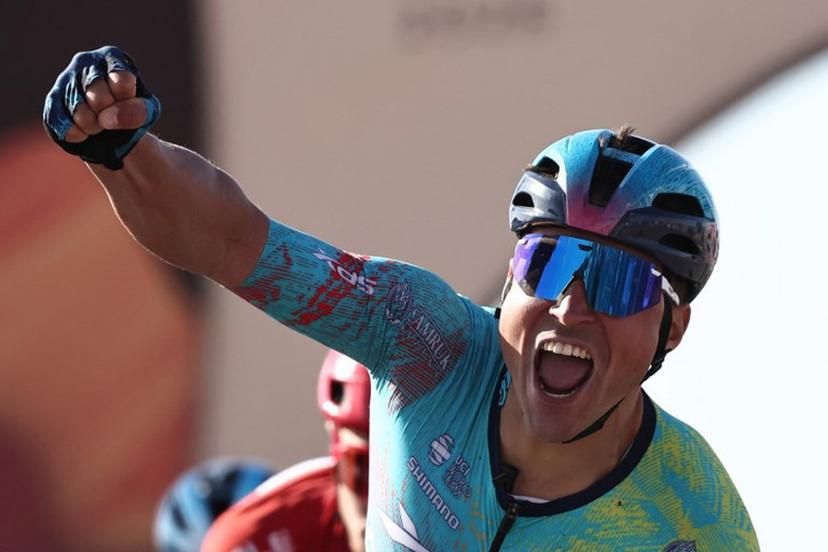 XDS Astana Team Italian Matteo Malucelli celebrates as he crosses the finish ligne to winn the fourth stage of the AlUla Tour cycling race, 173,4 km from Winter Park to Hegra on January 30, 2026. Anne-Christine POUJOULAT / AFP
