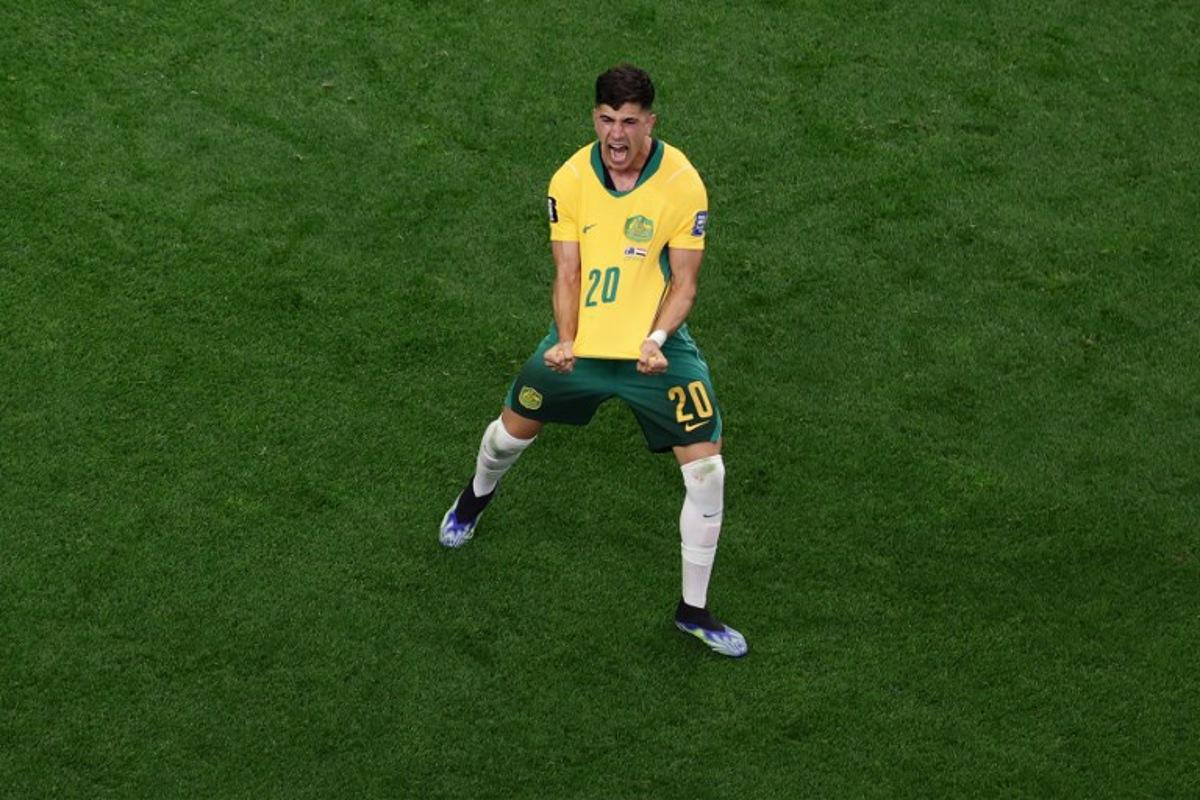 Australia's forward #20 Cristian Volpato celebrates after Egypt scored an own goal during the 2026 World Cup round of 32 football match between Australia and Egypt at the Dallas Stadium in Arlington on July 3, 2026. Aric Becker / AFP