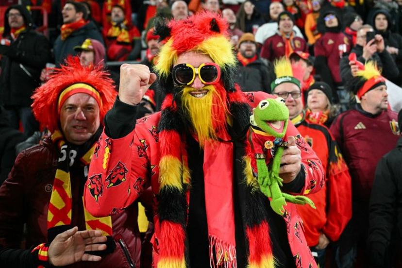 Belgian supporters cheer ahead of the FIFA World Cup 2026 Group J European qualification football match between Belgium and Liechtenstein at the Maurice-Dufrasne stadium, in Liege, on November 18, 2025. NICOLAS TUCAT / AFP