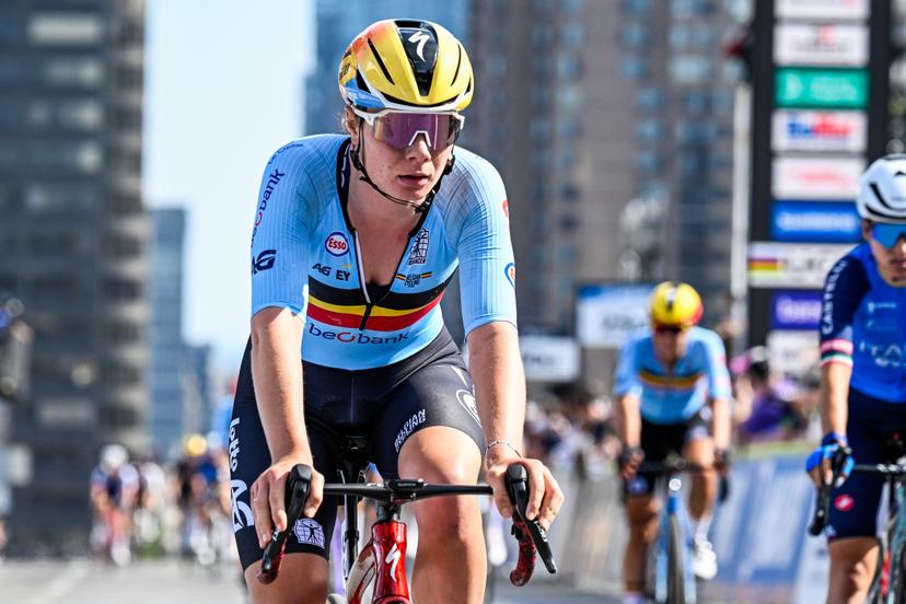 Belgian Lotte Kopecky celebrates as he crosses the finish line at the elite women Road Race race (180,4 km) at the cycling World Championship, in Montreal, Canada, Saturday 26 September 2026. The UCI road world championships are taking place from 20 to 27 September, in Montreal, Canada. BELGA PHOTO JASPER JACOBS