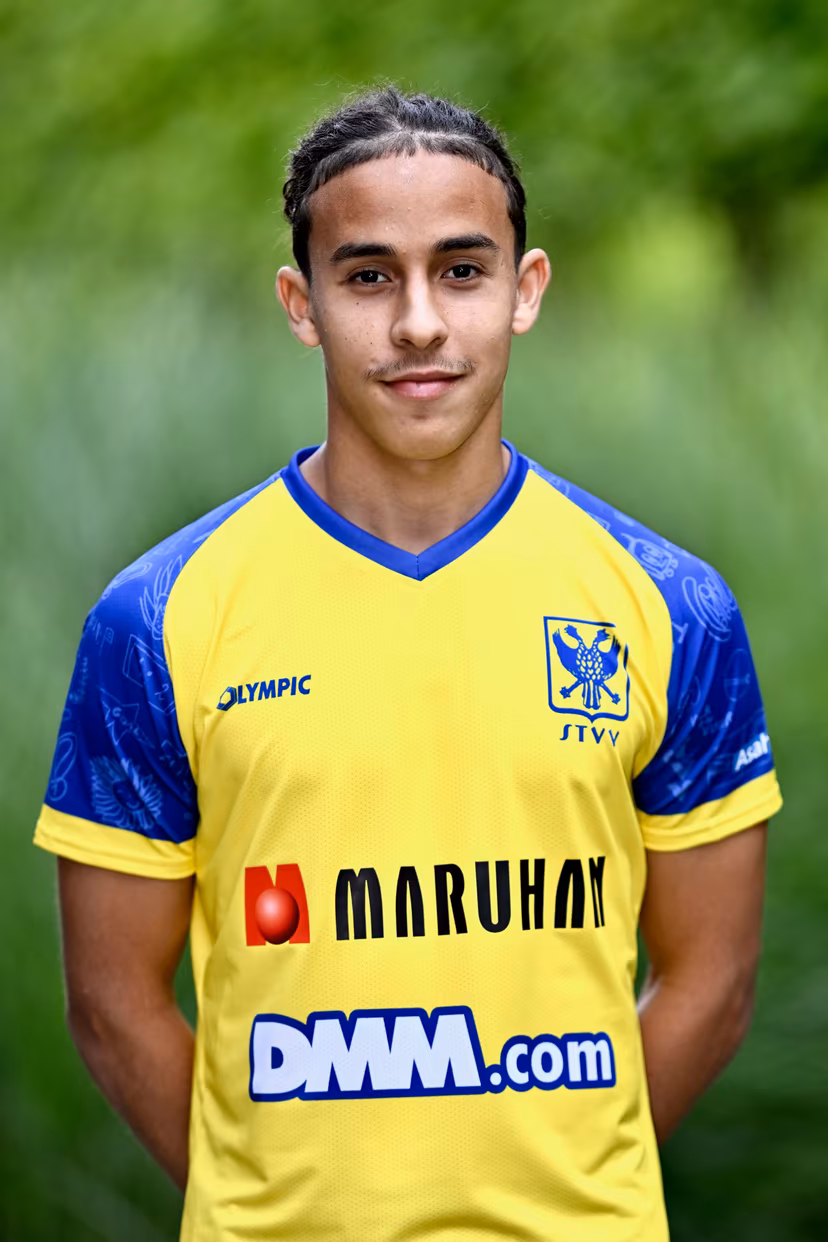 STVV's Adam Nhaili poses for a photo at the 2024-2025 season photoshoot of Belgian Jupiler Pro League team STVV Sint-Truidense Voetbalvereniging, Wednesday 17 July 2024 in Sint-Truiden. BELGA PHOTO JOHAN EYCKENS