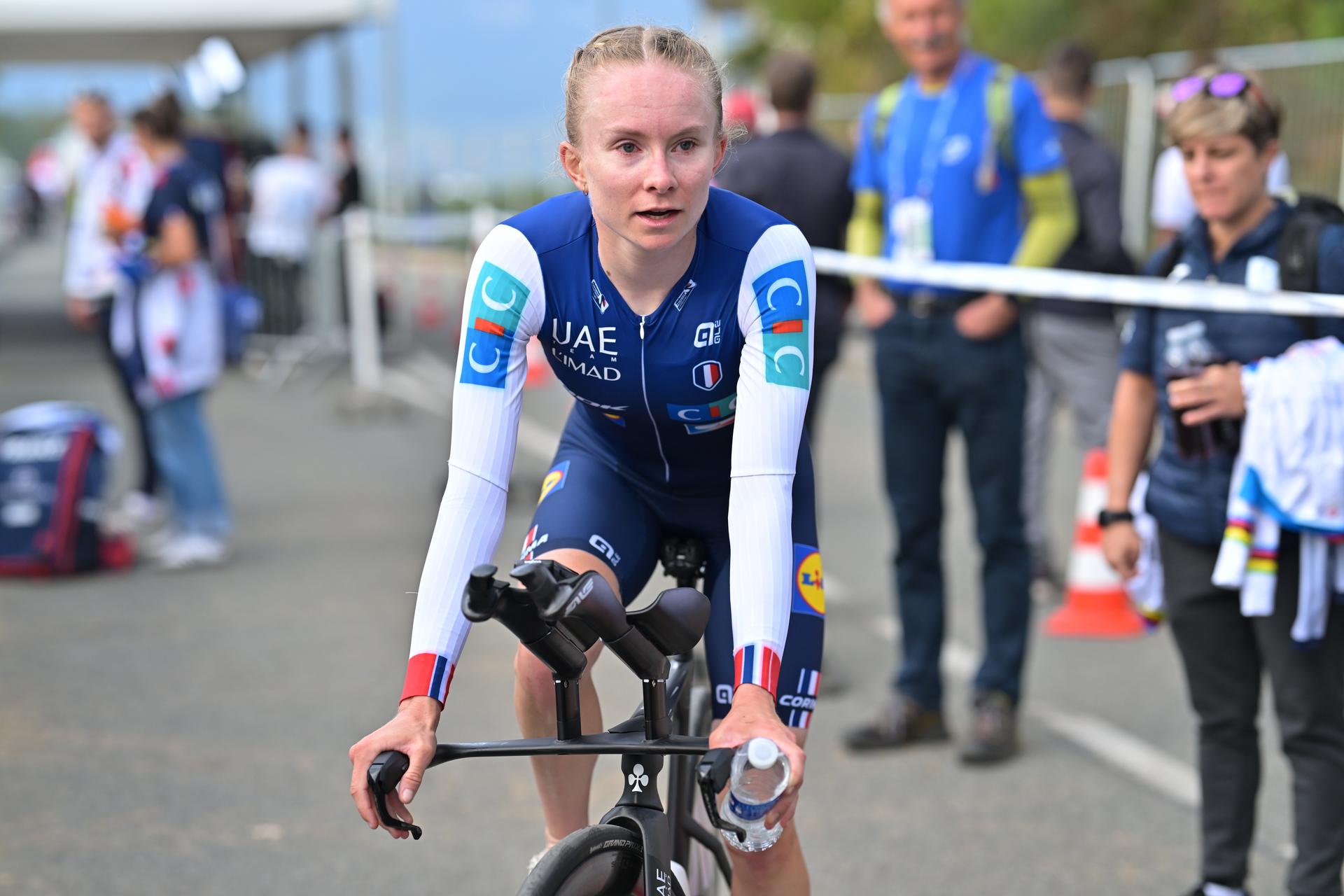 French Maeva Squiban pictured after the time trial mixed relay elite race (44,2 km) at the cycling UEC Road European Championships, in Ljubljana, Slovenia Tuesday 6 October 2026. The UEC Road European Championships are taking place from 02 to 07 October in Ljubljana, Slovenia. BELGA PHOTO DAVID PINTENS