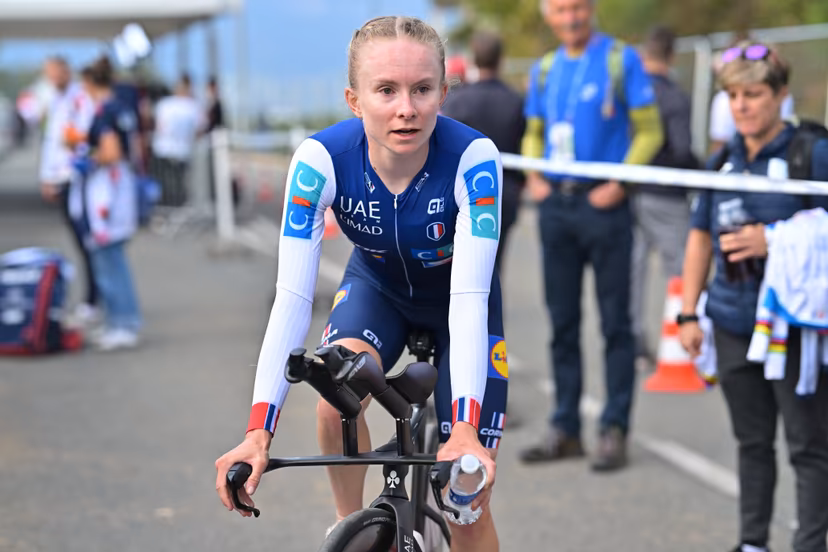 French Maeva Squiban pictured after the time trial mixed relay elite race (44,2 km) at the cycling UEC Road European Championships, in Ljubljana, Slovenia Tuesday 6 October 2026. The UEC Road European Championships are taking place from 02 to 07 October in Ljubljana, Slovenia. BELGA PHOTO DAVID PINTENS