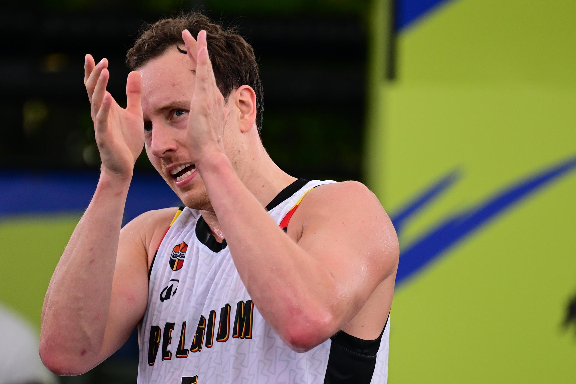 Nick Celis celebrates after winning a 3x3 basketball game between Belgium and Switzerland, a qualifying game in Pool A at the men's FIBA 3x3 Europe Cup, on Saturday 12 September 2026 in Antwerp. BELGA PHOTO DIRK WAEM