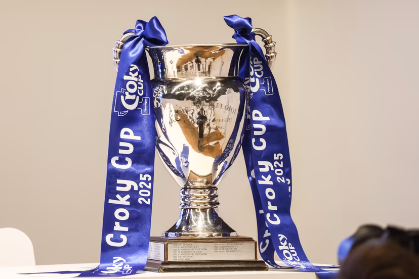 this picture shows the Croky cup trophy before a press conference of Belgian soccer team RSC Anderlecht in Brussels, Saturday 03 May 2025. The team is preparing for the Belgian Cup final (Croky Cup) match against Club Brugge this sunday. BELGA PHOTO BRUNO FAHY