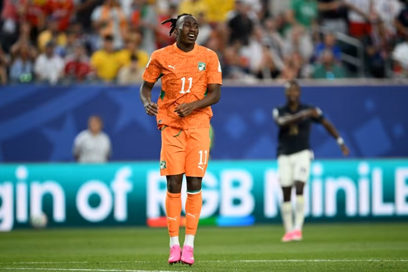 Ivory Coast's forward #11 Yan Diomande reacts after failing to score during the 2026 World Cup Group E football match between Ivory Coast and Ecuador at the Philadelphia Stadium in Philadelphia on June 14, 2026. MAURO PIMENTEL / AFP