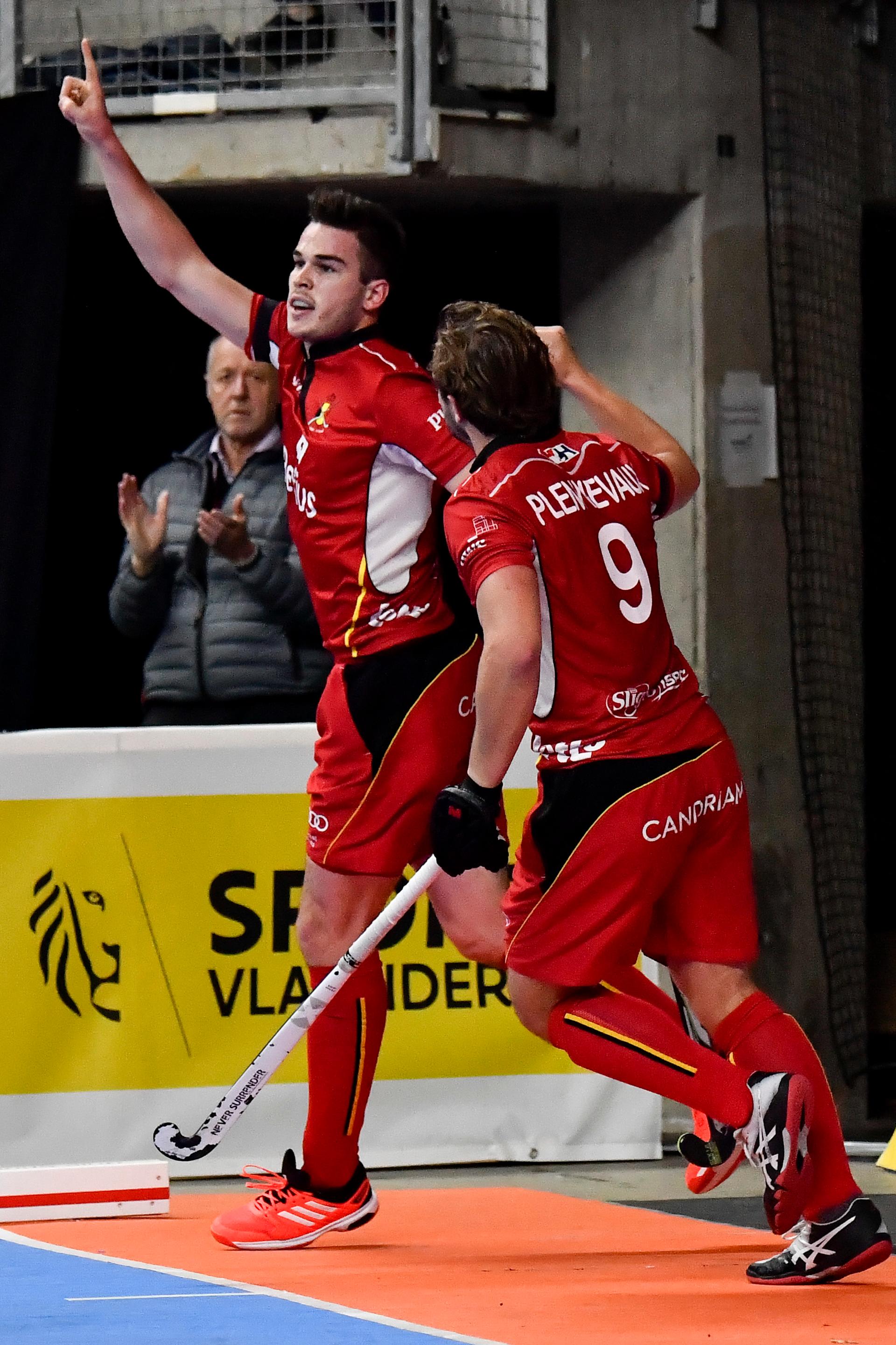 Belgium's Gaetan Dykmans celebrates after scoring during the match between Russia and Belgium, in pool B at the EuroHockey Indoor Championship, in Antwerp, Friday 12 January 2018. BELGA PHOTO DIRK WAEM