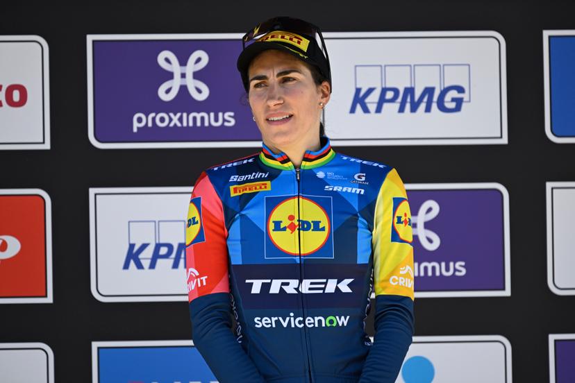 Italian Elisa Balsamo of Lidl-Trek pictured on the podium of the women's race of the 'Scheldeprijs' one day cycling event, 130,3km from and to Schoten on Wednesday 08 April 2026. BELGA PHOTO TOM GOYVAERTS