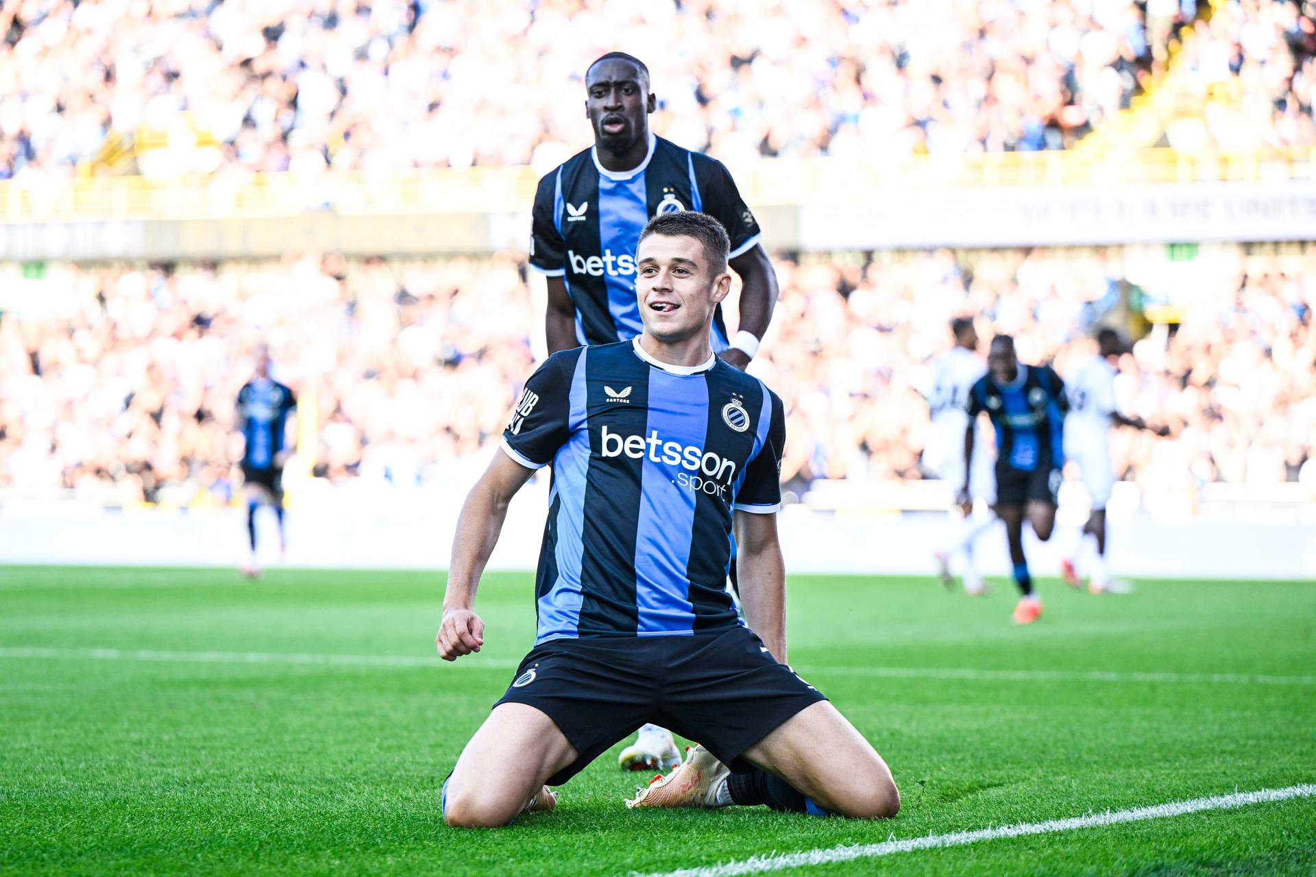Club's Nicolo Tresoldi celebrates after scoring during a soccer match between Club Brugge and Cercle Brugge, Sunday 23 August 2026 in Brugge, on day 3 of the 2026-2027 'Jupiler Pro League' first division of the Belgian championship. BELGA PHOTO TOM GOYVAERT