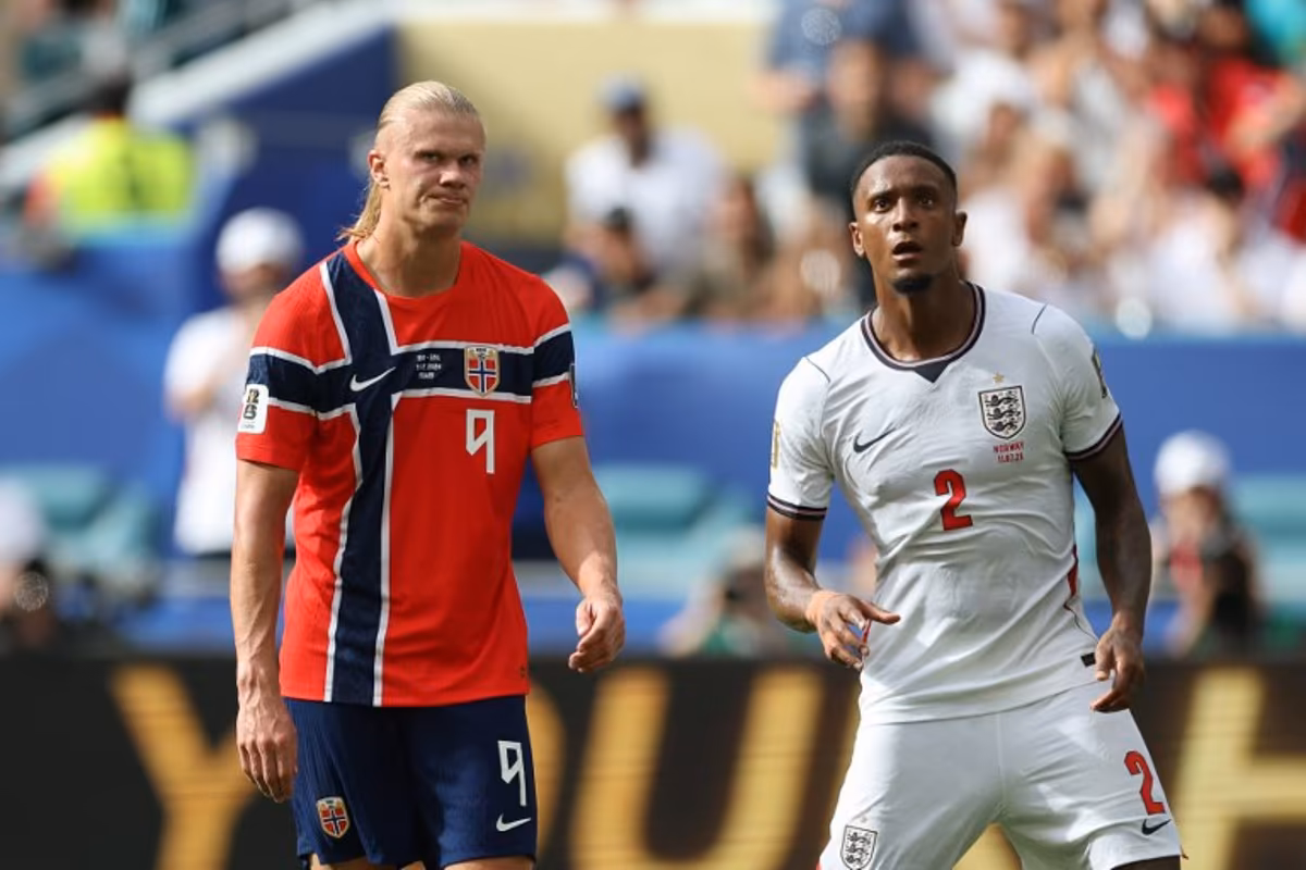 Norway's forward #09 Erling Braut Haaland reacts next to England's defender #02 Ezri Konsa during the 2026 World Cup football tournament quarter-final match between Norway and England at Miami Stadium in Miami Gardens on July 11, 2026. PATRICIA DE MELO MOREIRA / AFP