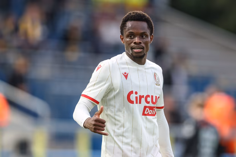 Standard's Rafiki Said celebrates after scoring during a soccer match between KVC Westerlo and Standard de Liege, Tuesday 19 May 2026 in Westerlo, on the ninth day of the Europe Play-offs (PO2) of the 2025-2026 'Jupiler Pro League' first division of the Belgian championship. BELGA PHOTO BRUNO FAHY