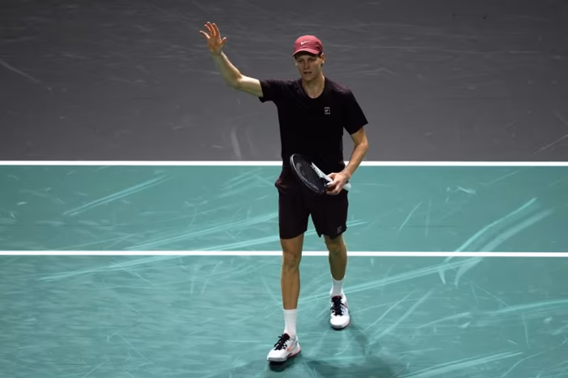 Italy's Jannik Sinner celebrates after winning against US Ben Shelton at the end of their men's singles quarter-final match on day five of the Paris ATP Masters 1000 tennis tournament at the Paris La Défense Arena in Nanterre, on the outskirts of Paris, on October 31, 2025. Dimitar DILKOFF / AFP