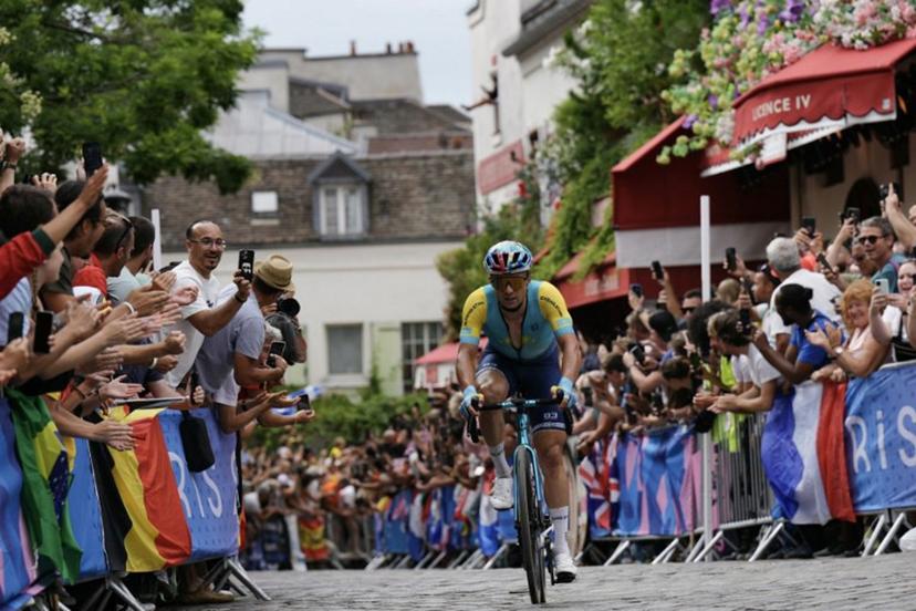 Kazakhstan's Alexey Lutsenko cycles in Montmartre during the men's cycling road race during the Paris 2024 Olympic Games in Paris, on August 3, 2024. Dimitar DILKOFF / AFP