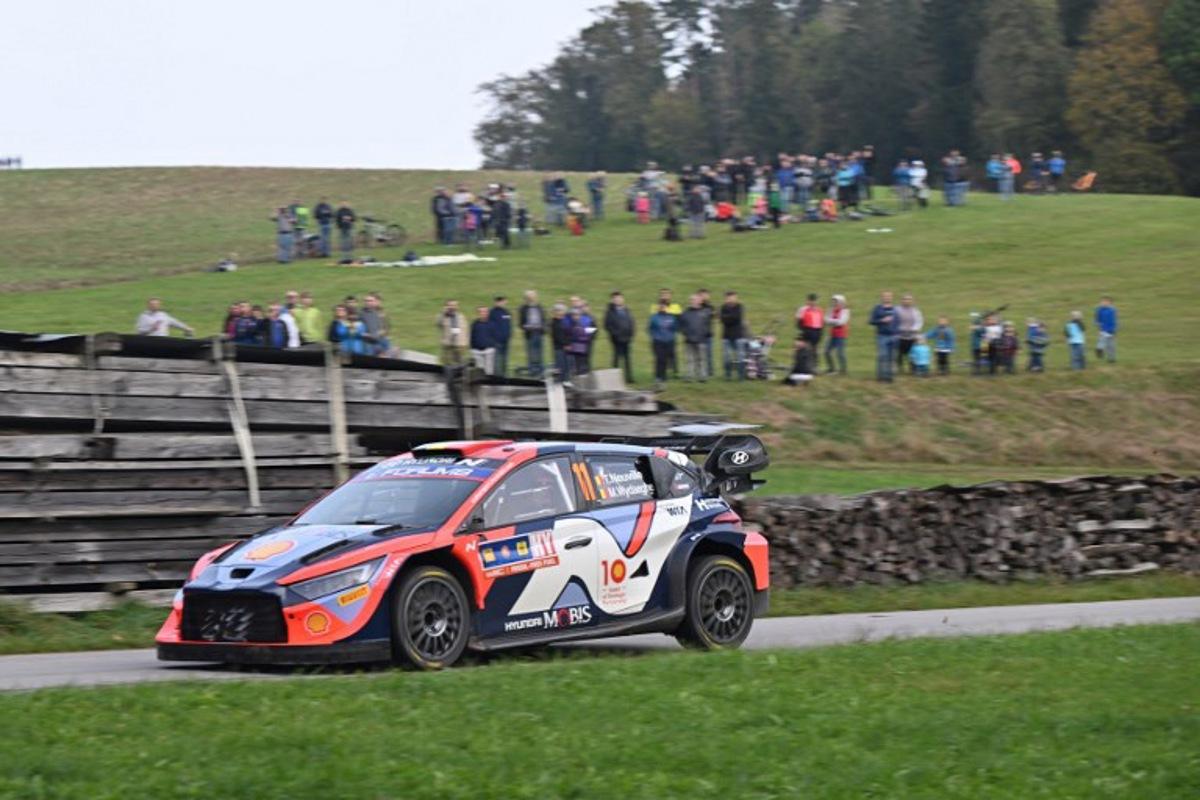 Belgium's Thierry Neuville and his co-driver Martijn Wydaeghe with Hyundai i20 N Rally1 Hybrid during the WRC Central European Rally 2024 near Kollerschlag, Upper Austria, on October 19, 2024. KERSTIN JOENSSON / AFP
