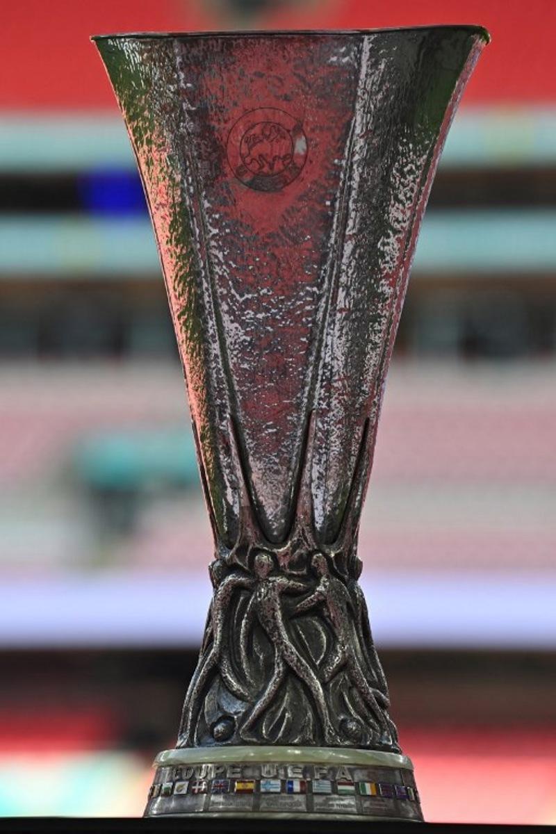 The UEFA Europa League trophy is pictured pitch-side ahead of the English FA Community Shield football match between Crystal Palace and Liverpool at Wembley Stadium, in London on August 10, 2025. Glyn KIRK / AFP