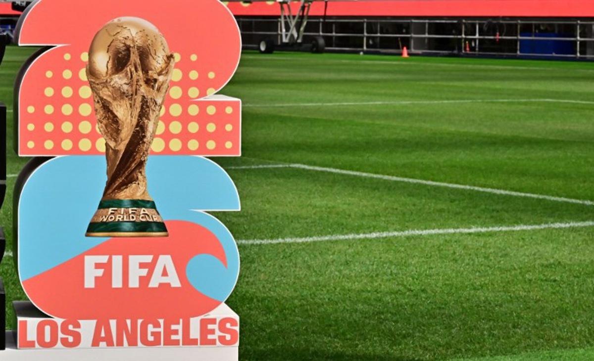 The official logo for Los Angeles as host of a number of matches for the 2026 World Cup as the new test pitch at Sofi Stadium is revealed to the media in Inglewood, California on March 13, 2025. The pitch will be used for the upcoming Concacaf Nations League semifinals on March 20 when the US play Panama and Canada plays Mexico. Frederic J. BROWN / AFP