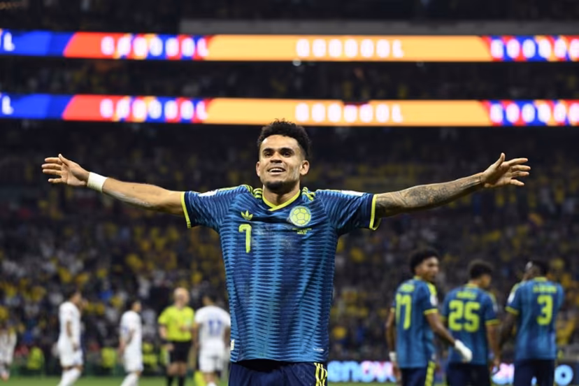 Colombia's forward #07 Luis Diaz celebrates scoring his team's second goal during the 2026 World Cup Group K football match between Uzbekistan and Colombia at the Mexico City Stadium in Mexico City on June 17, 2026. Alfredo ESTRELLA / AFP